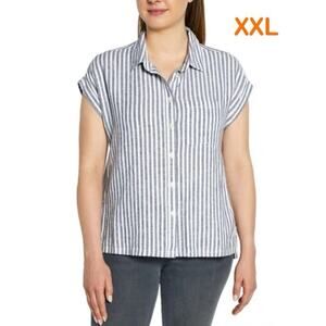 Orvis Womens Plus Size XXL Short Sleeve Linen Button Shirt Striped Gray White